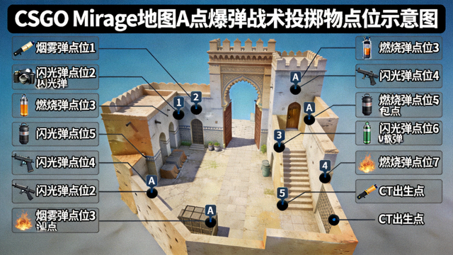 CSGO Mirage地图A点爆弹战术投掷物点位示意图